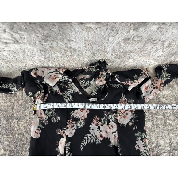 BCBGeneration Womens Size XS Floral Semi Sheer V Neck Blouse Black Pink Top - Picture 6 of 11